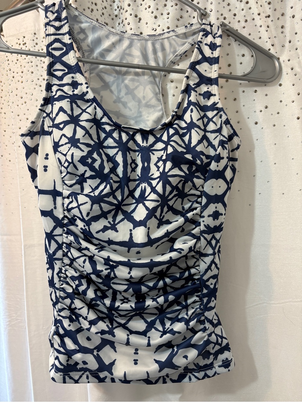 Ruched Navy and White Printed Tank Bikini Top
